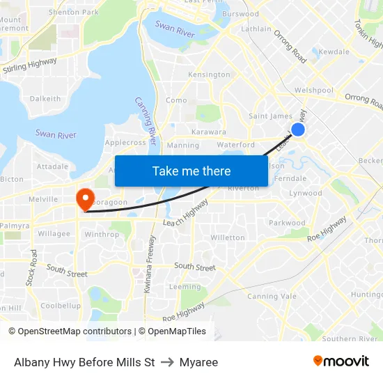Albany Hwy Before Mills St to Myaree map