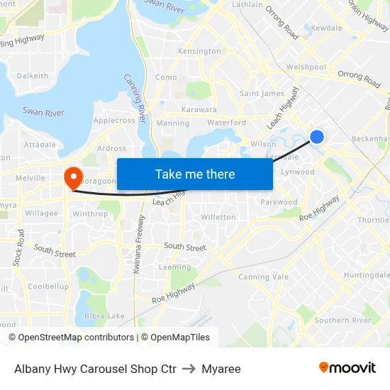 Albany Hwy Carousel Shop Ctr to Myaree map
