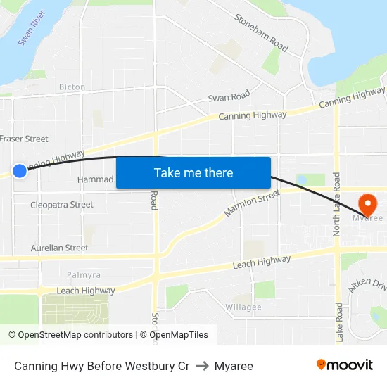 Canning Hwy Before Westbury Cr to Myaree map