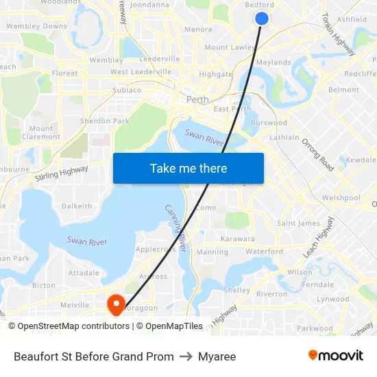 Beaufort St Before Grand Prom to Myaree map