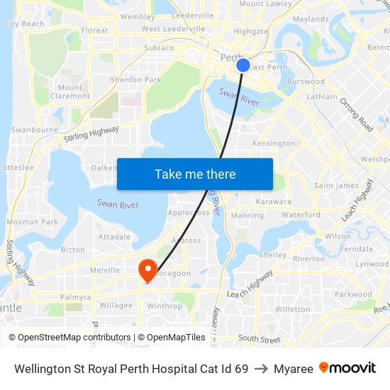 Wellington St Royal Perth Hospital Cat Id 69 to Myaree map