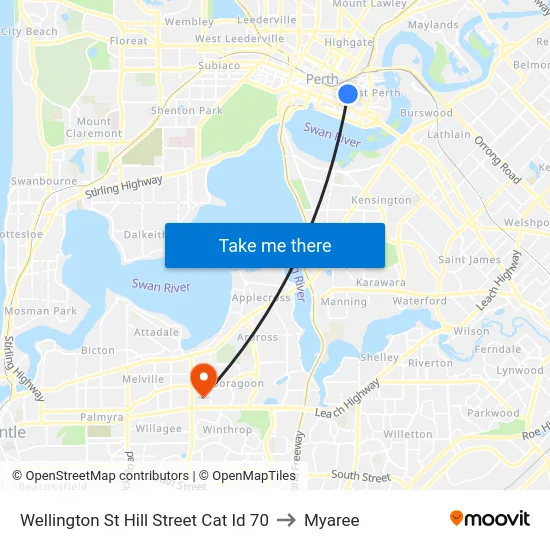 Wellington St Hill Street Cat Id 70 to Myaree map