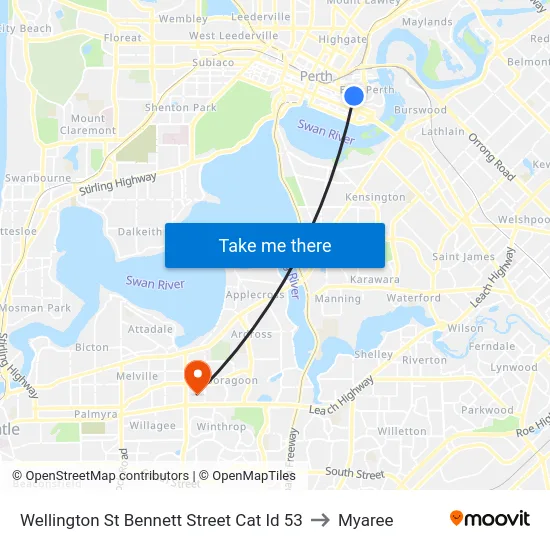Wellington St Bennett Street Cat Id 53 to Myaree map