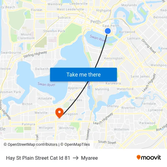 Hay St Plain Street Cat Id 81 to Myaree map