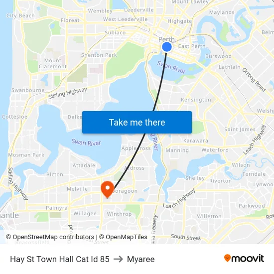 Hay St Town Hall Cat Id 85 to Myaree map