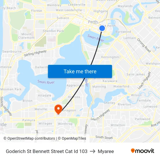 Goderich St Bennett Street Cat Id 103 to Myaree map