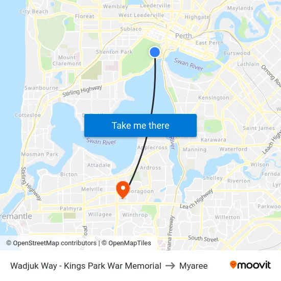 Wadjuk Way - Kings Park War Memorial to Myaree map
