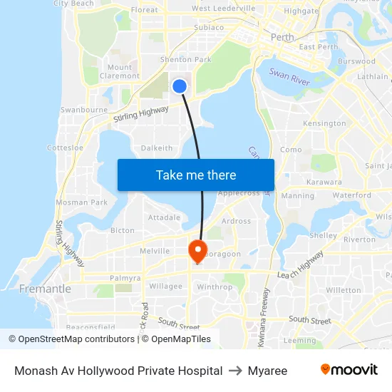 Monash Av Hollywood Private Hospital to Myaree map