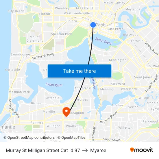 Murray St Milligan Street Cat Id 97 to Myaree map
