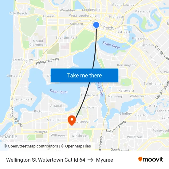 Wellington St Watertown Cat Id 64 to Myaree map