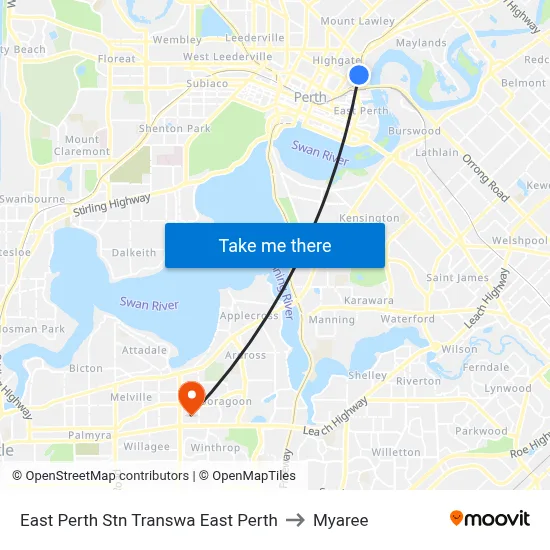 East Perth Stn Transwa East Perth to Myaree map