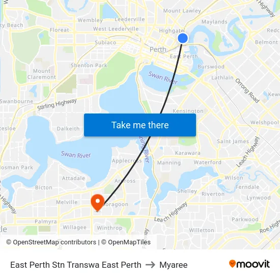 East Perth Stn Transwa East Perth to Myaree map