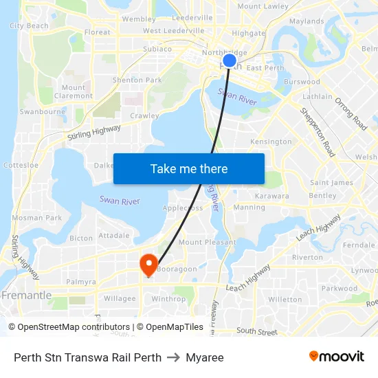 Perth Stn Transwa Rail Perth to Myaree map