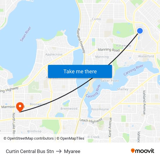 Curtin Central Bus Stn to Myaree map