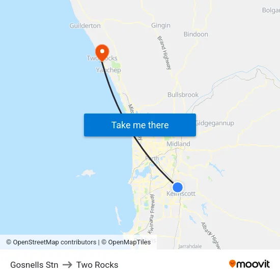 Gosnells Stn to Two Rocks map