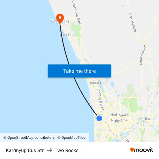 Karrinyup Bus Stn to Two Rocks map