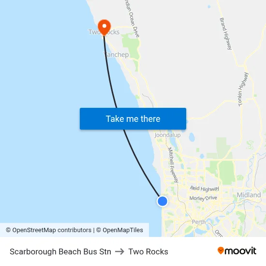 Scarborough Beach Bus Stn to Two Rocks map