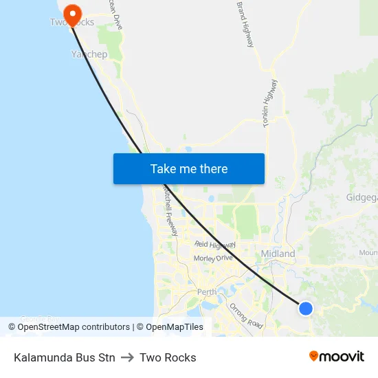 Kalamunda Bus Stn to Two Rocks map