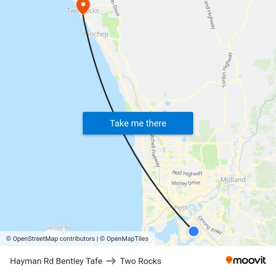 Hayman Rd Bentley Tafe to Two Rocks map