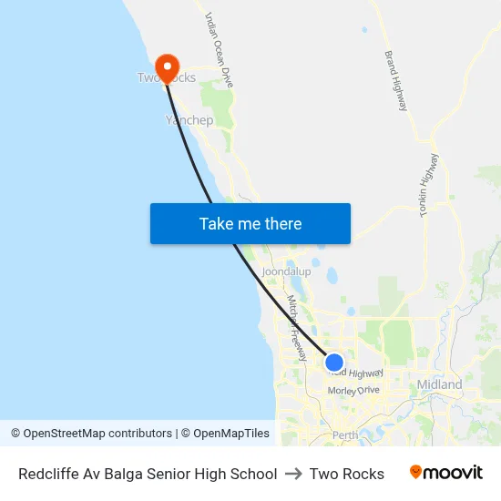Redcliffe Av Balga Senior High School to Two Rocks map