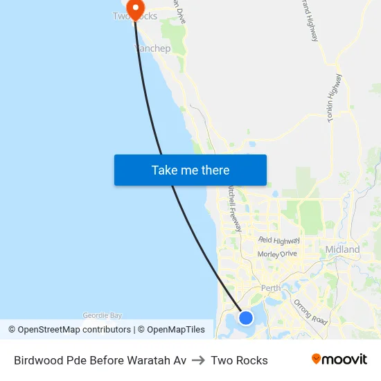 Birdwood Pde Before Waratah Av to Two Rocks map