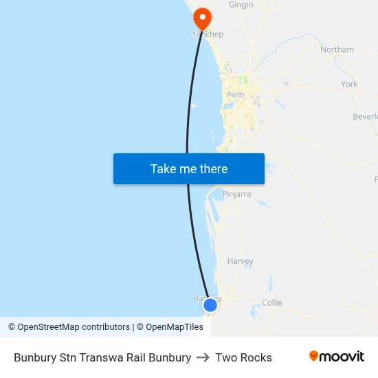 Bunbury Stn Transwa Rail Bunbury to Two Rocks map
