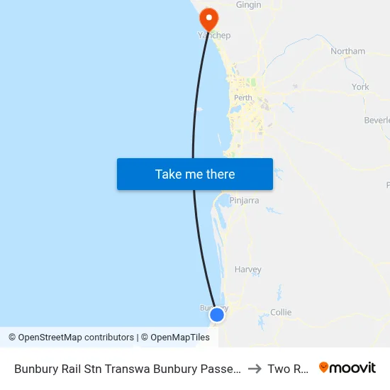 Bunbury Rail Stn Transwa Bunbury Passenger Terminal to Two Rocks map