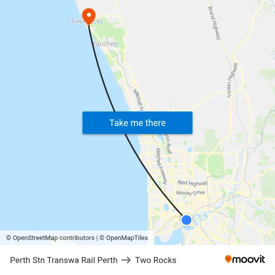 Perth Stn Transwa Rail Perth to Two Rocks map