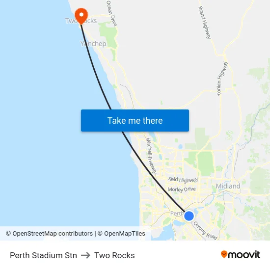 Perth Stadium Stn to Two Rocks map