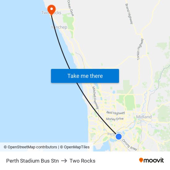 Perth Stadium Bus Stn to Two Rocks map