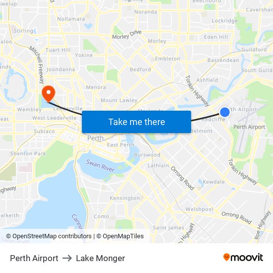 Perth Airport to Lake Monger map