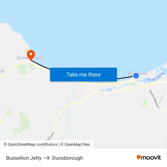 Busselton Jetty to Dunsborough map