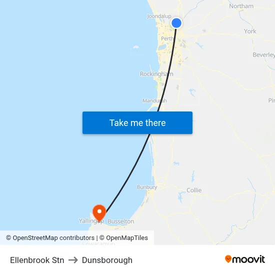 Ellenbrook Stn to Dunsborough map