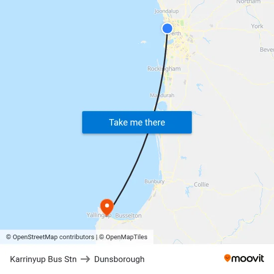 Karrinyup Bus Stn to Dunsborough map