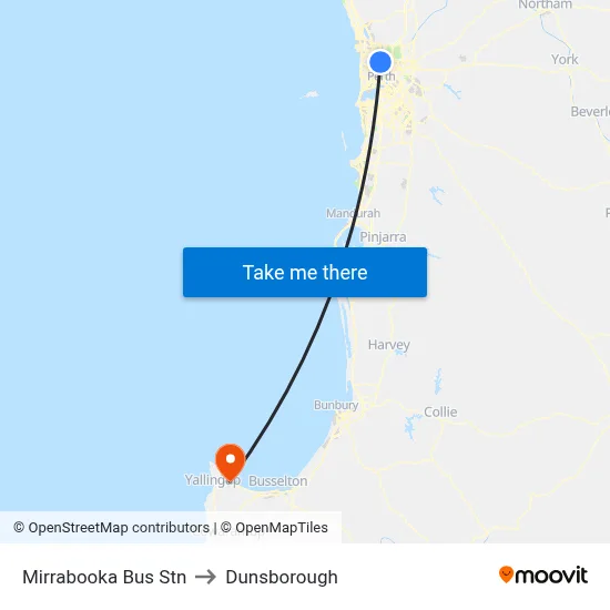 Mirrabooka Bus Stn to Dunsborough map