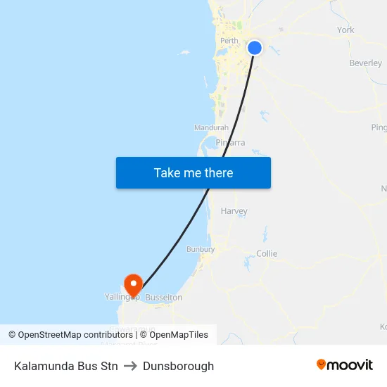 Kalamunda Bus Stn to Dunsborough map