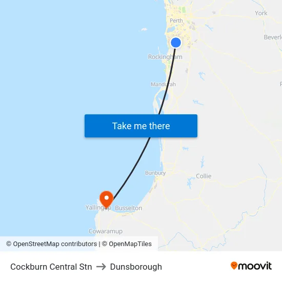 Cockburn Central Stn to Dunsborough map