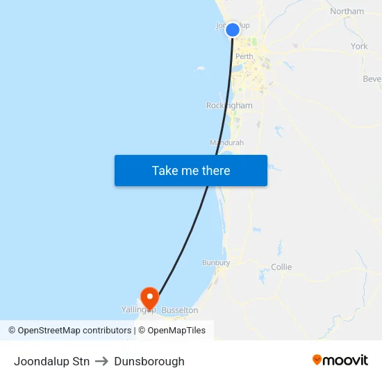 Joondalup Stn to Dunsborough map