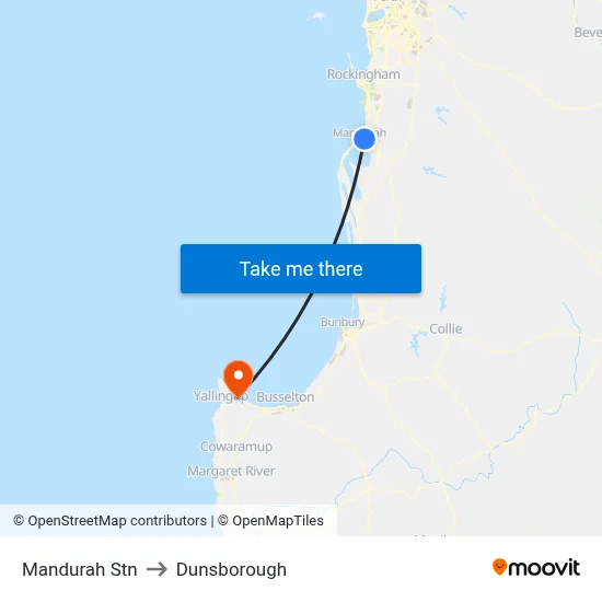 Mandurah Stn to Dunsborough map