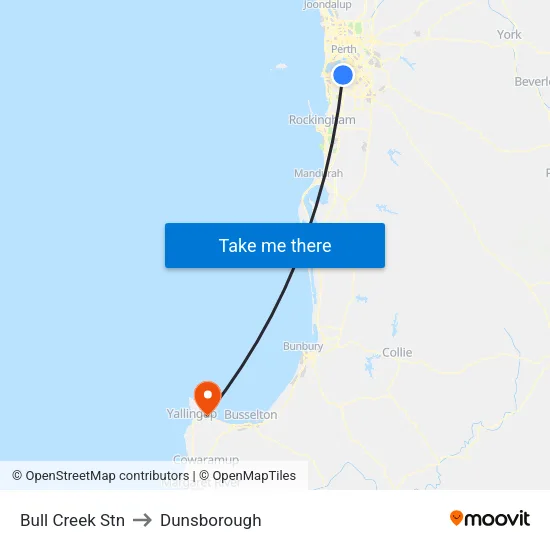 Bull Creek Stn to Dunsborough map