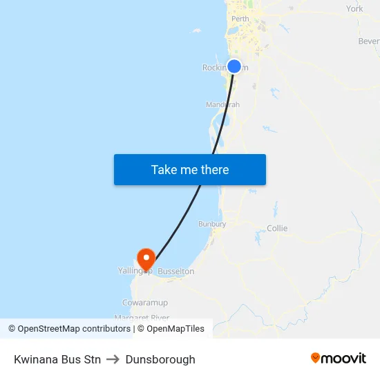 Kwinana Bus Stn to Dunsborough map