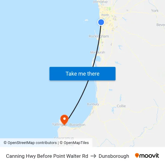 Canning Hwy Before Point Walter Rd to Dunsborough map