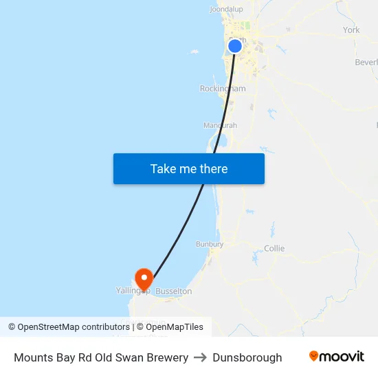 Mounts Bay Rd Old Swan Brewery to Dunsborough map