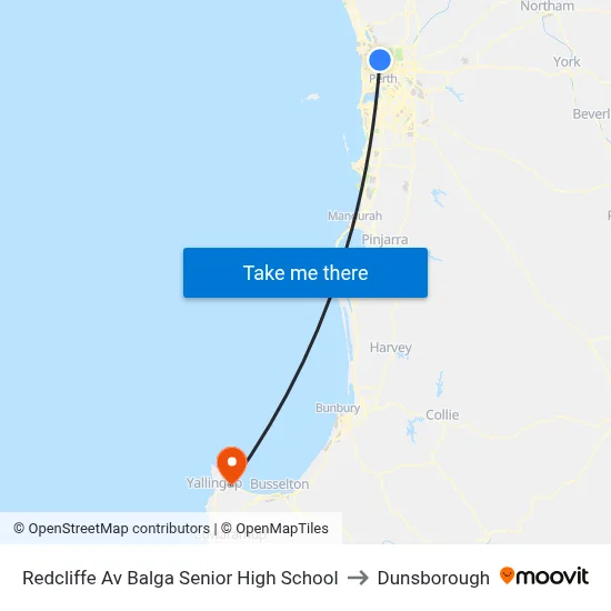 Redcliffe Av Balga Senior High School to Dunsborough map