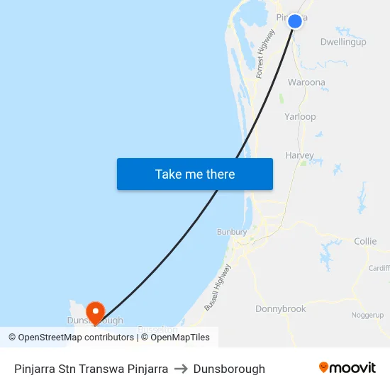 Pinjarra Stn Transwa Pinjarra to Dunsborough map