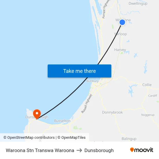Waroona Stn Transwa Waroona to Dunsborough map