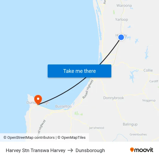 Harvey Stn Transwa Harvey to Dunsborough map