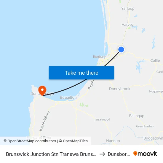 Brunswick Junction Stn Transwa Brunswick Junction to Dunsborough map