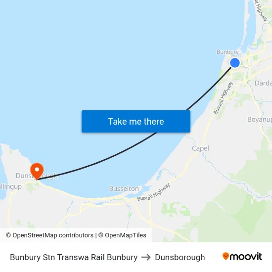 Bunbury Stn Transwa Rail Bunbury to Dunsborough map