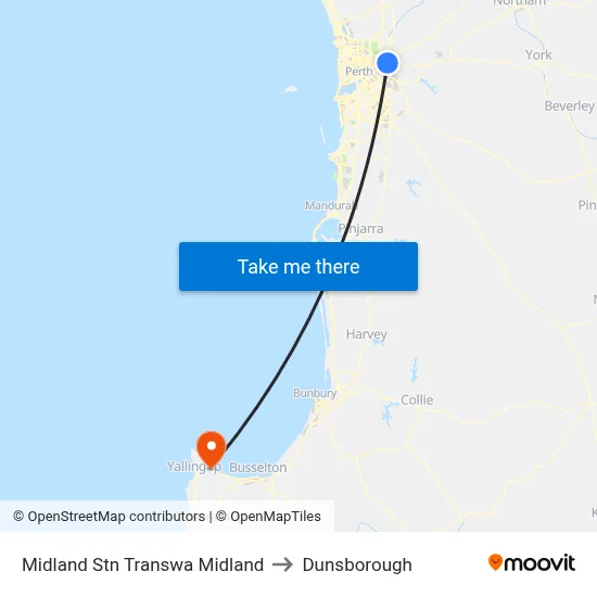Midland Stn Transwa Midland to Dunsborough map